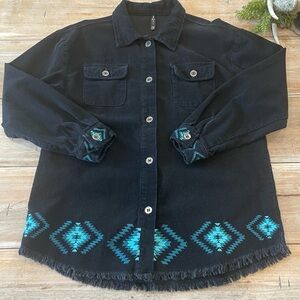 Two Fly Black Corduroy Shirt Jacket Aztec Western Medium